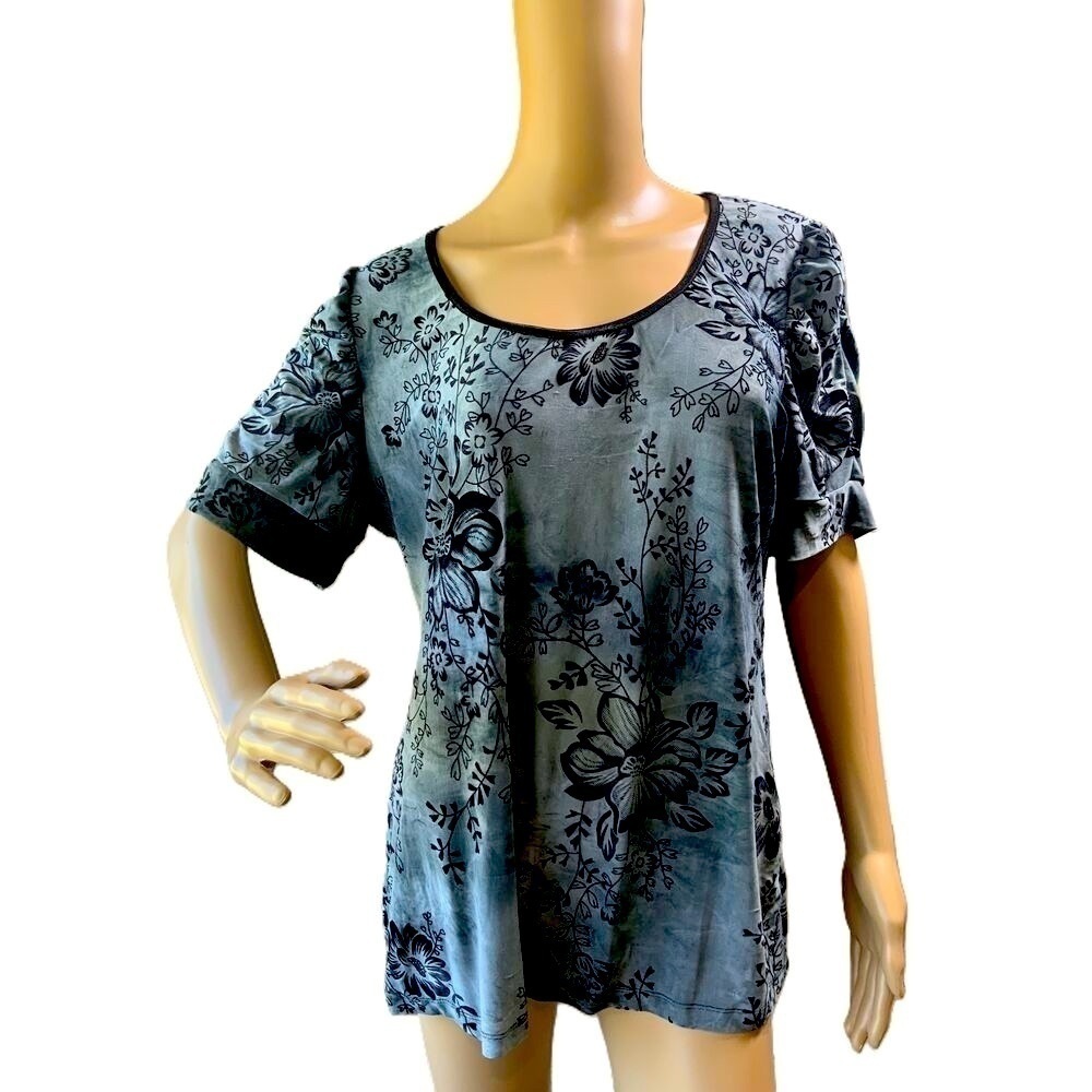 Sere Nade Bluish Grey Floral Pattern Short Sleeve Scoop Neck Casual Blouse‎ XL
